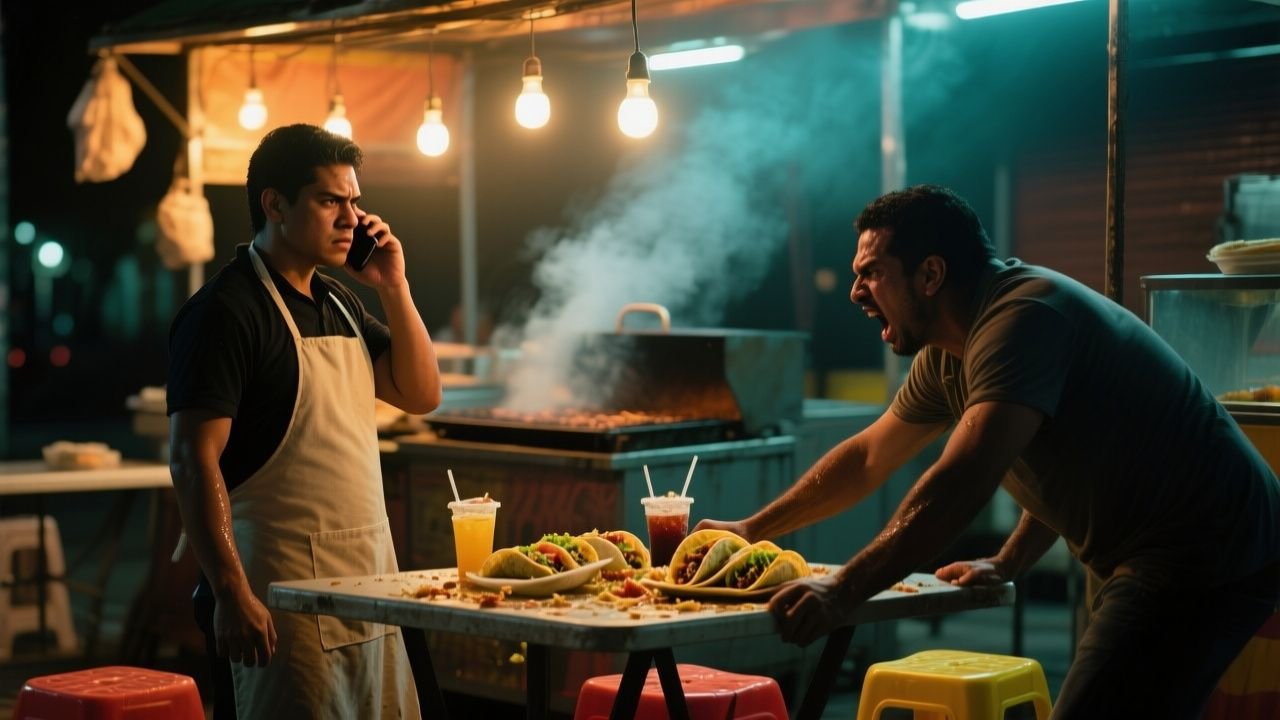 Puesto de tacos El Gallito de Oro en el mercado de La Merced durante una noche concurrida