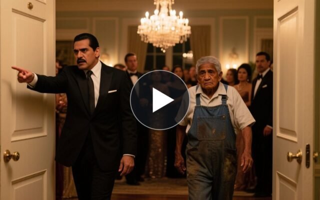 Anciano humilde con sombrero de paja siendo expulsado de una elegante fiesta en una mansión llena de invitados