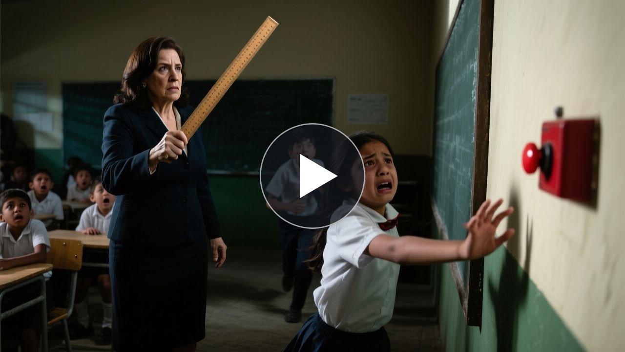 Maestra con regla de madera frente a una niña en un salón de clases mientras un compañero corre hacia el botón de emergencia