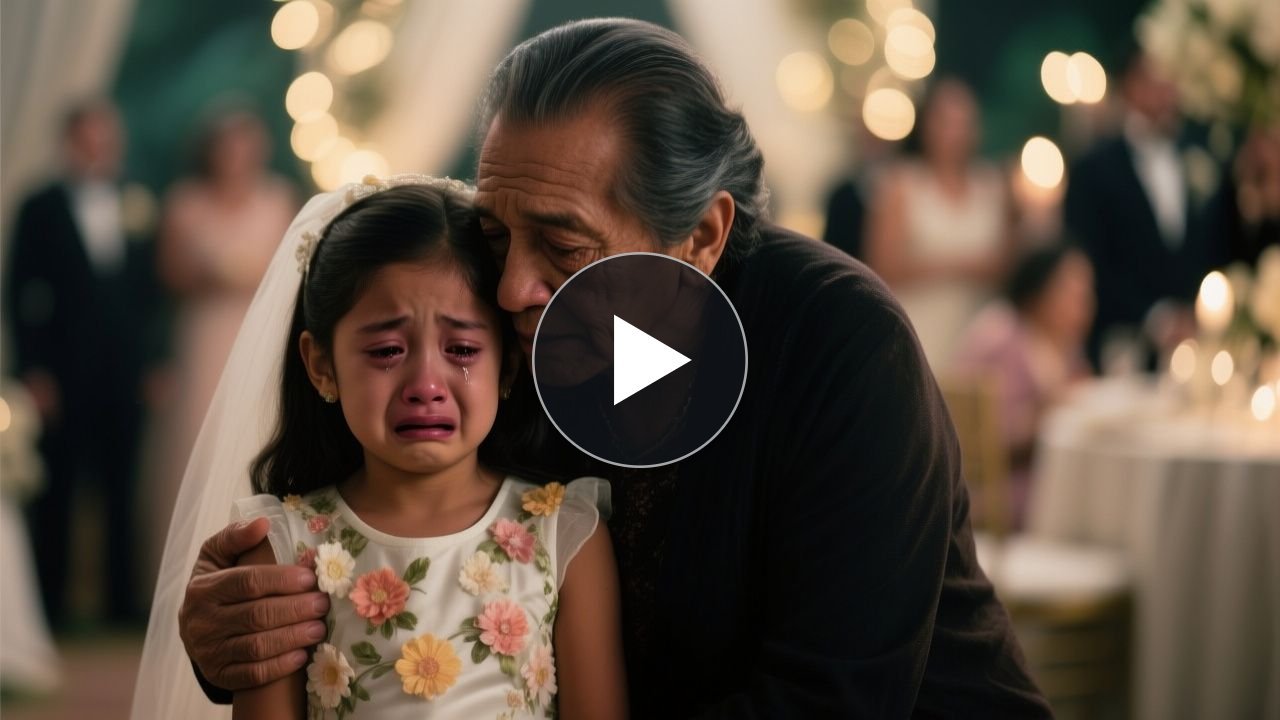 Abuelo de pie brindando en una boda, mirando fijamente a la novia mientras defiende a su nieta