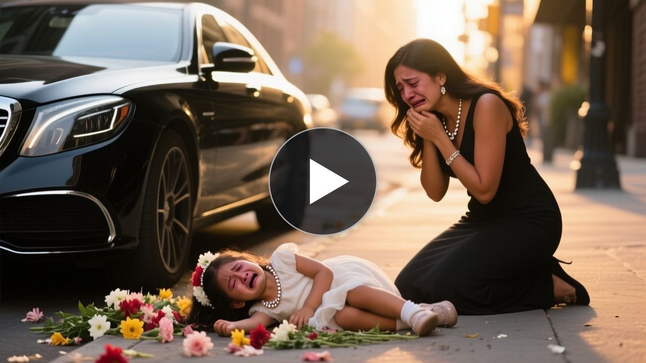 Niña florista arrodillada en la calle recogiendo flores caídas frente a un auto de lujo negro, junto a una mujer elegante que