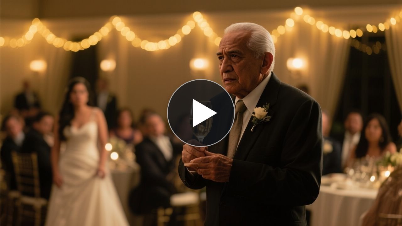 Abuelo consolando a su nieta Valentina, de siete años, con vestido durazno, tras ser reprendida en la boda de su padre en una