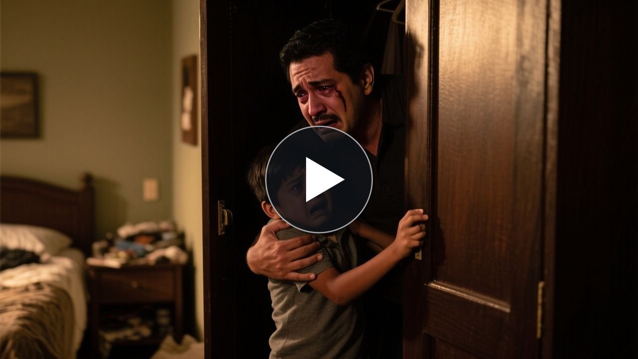 Niño asustado dentro de un armario de madera oscura mientras una mujer cierra la puerta y su padre llega a la casa