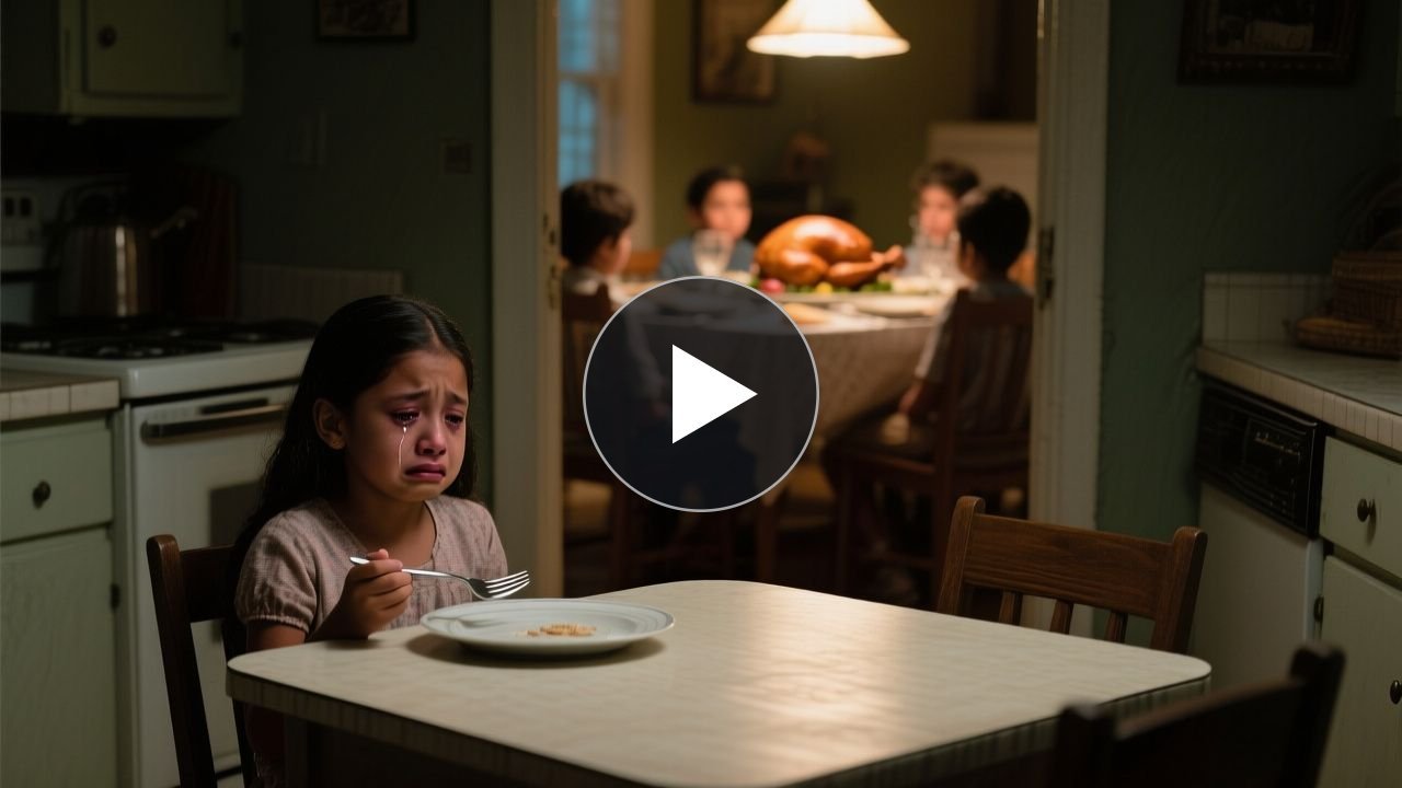 Niña triste comiendo sola en una cocina con plato de plástico mientras su familia celebra en la mesa grande