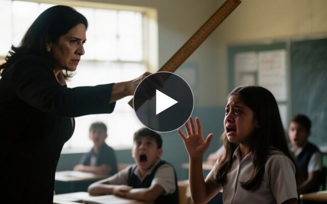 Maestra con regla de madera frente a una alumna en un salón de clases, mientras un compañero corre hacia un botón de emergenc