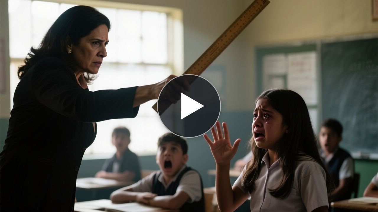 Maestra con regla de madera frente a una alumna en un salón de clases, mientras un compañero corre hacia un botón de emergenc